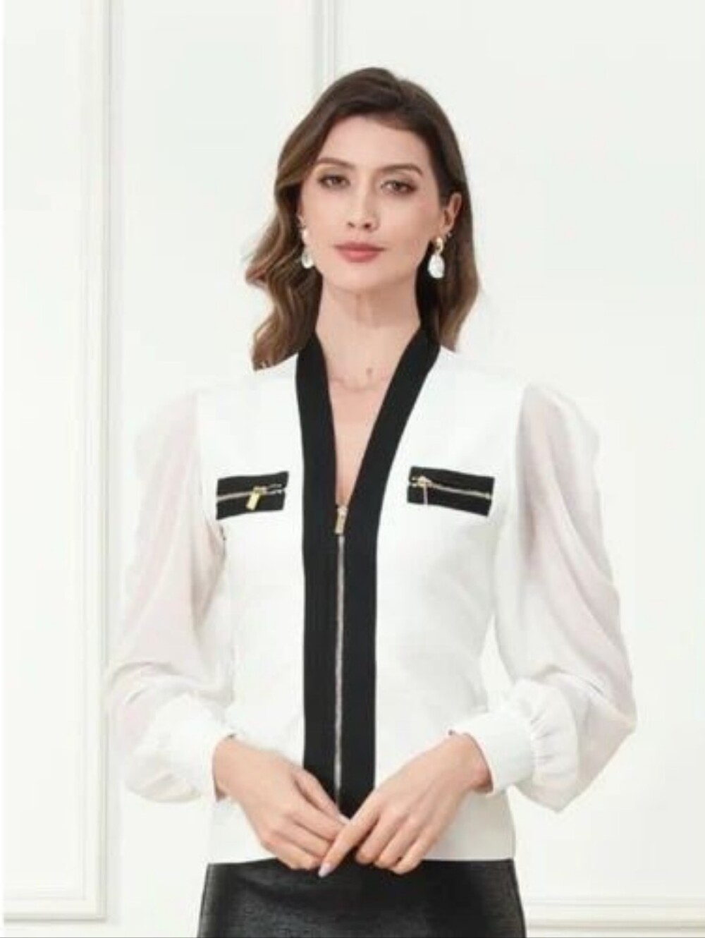 Women’s White V-Neck Zip Front Blouse with Black Trim